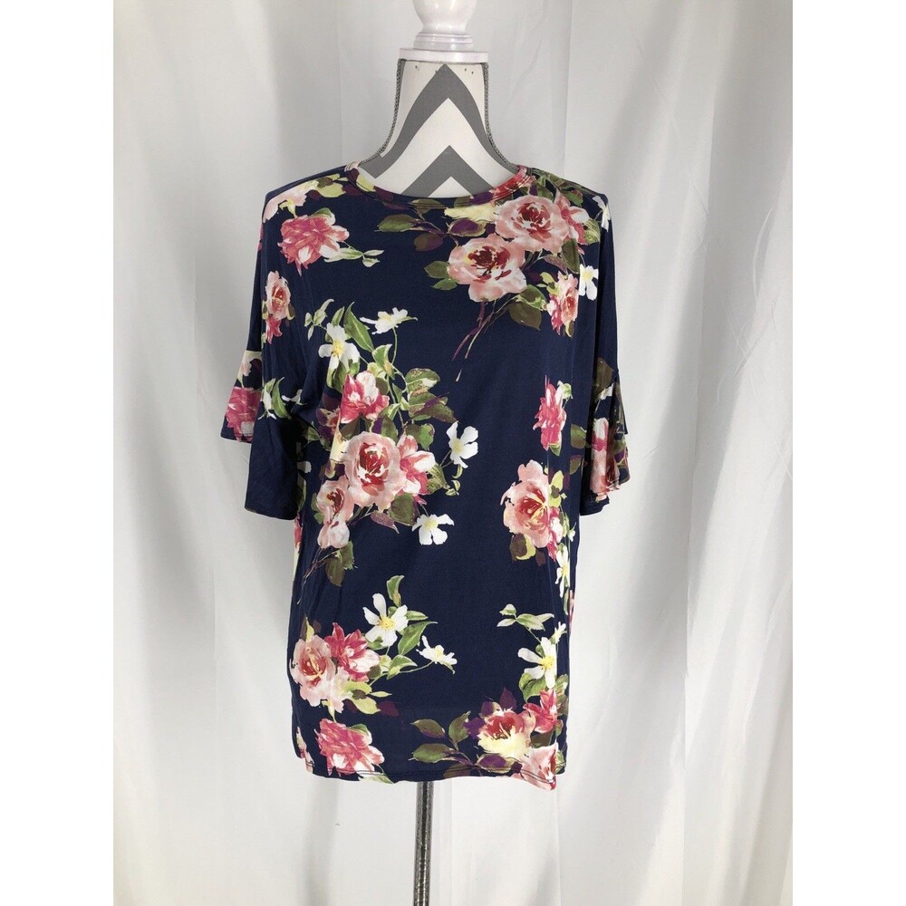 Womens Short Sleeve Top With Ruffle Sleeves By Chris & Carol Blue Floral Small